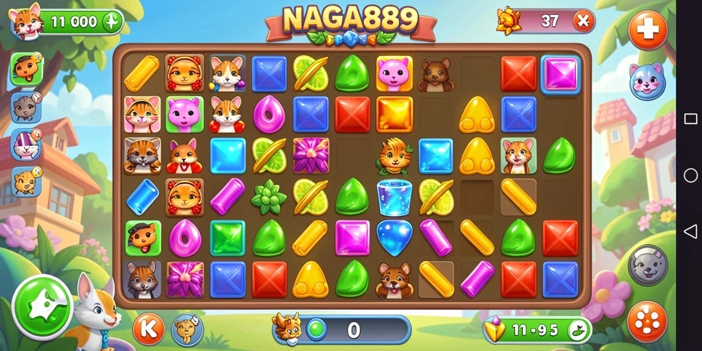 Tampilan menarik dari gameplay NAGA889 saat mencocokkan permata.